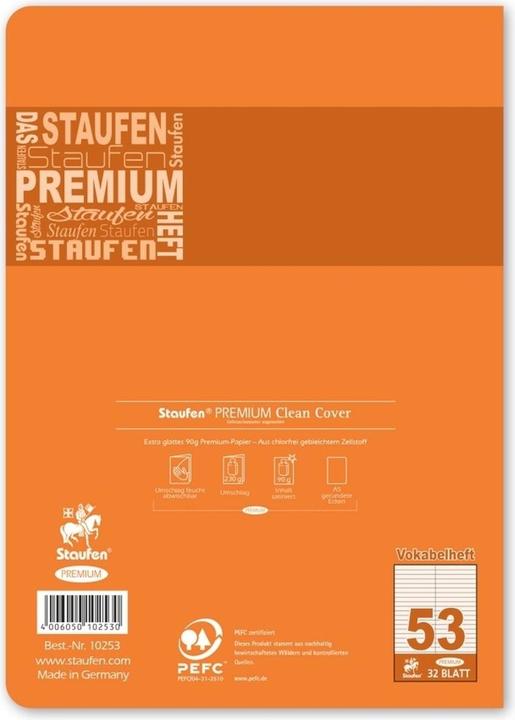 Nährwerte und Zutaten Staufen Vokabelheft Premium Lineatur 53 liniert DIN A5 ohne Rand, 32 Blatt (A5, Harter Einband)