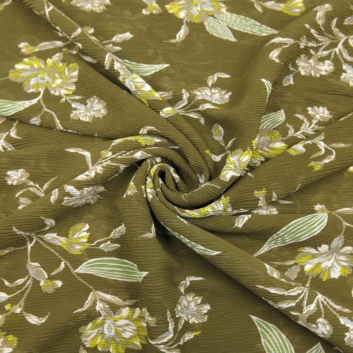 Image du produit Stoffrestposten Mousseline de soie plissée - Belles fleurs sur olive - vente minimale : 1 mètre
