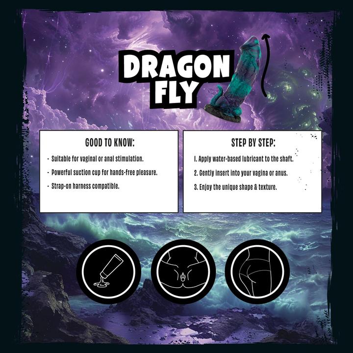 Actual product image Mythical Mates Dragonfly Dildo Purple & Green