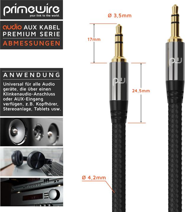 Produktbild Primewire 3,5 mm AUX Klinkenkabel, Audiokabel mit Nylonmantel, 3,5mm Klinke auf Klinke Audio Kabel (1 m, 3.5mm Klinke (AUX))