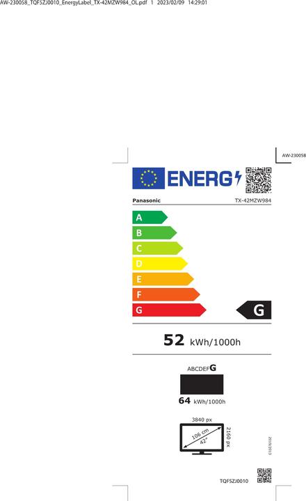 Label énergétique Panasonic TX-42MZW984 (42", OLED, 4K, 2023)