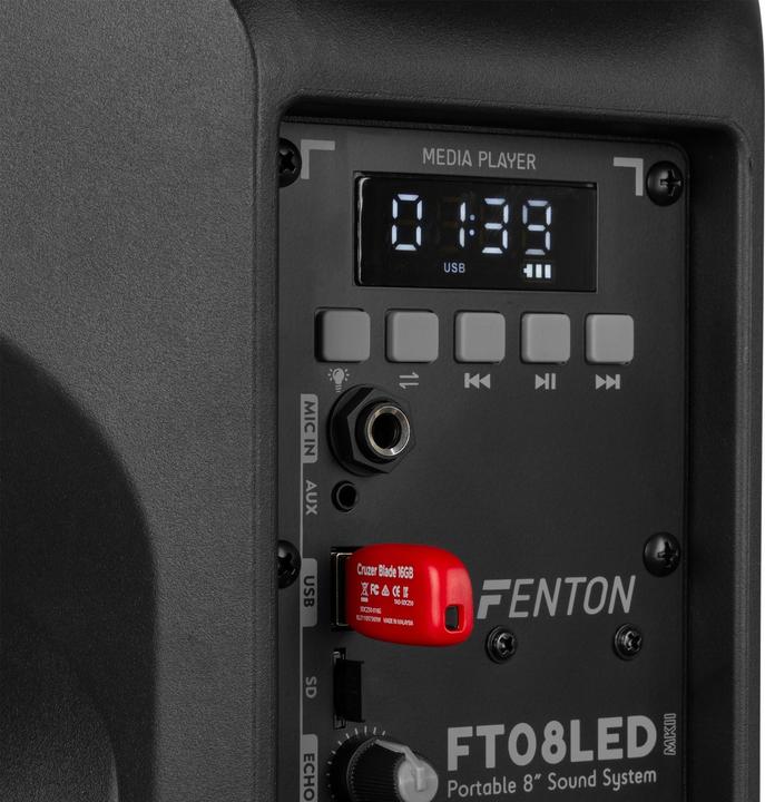 Produktbild Fenton Speaker Bluetooth - FT08LED MK2 karaoke box met LEDâ€™s, accu en microfoon - Voor (Aktiv)