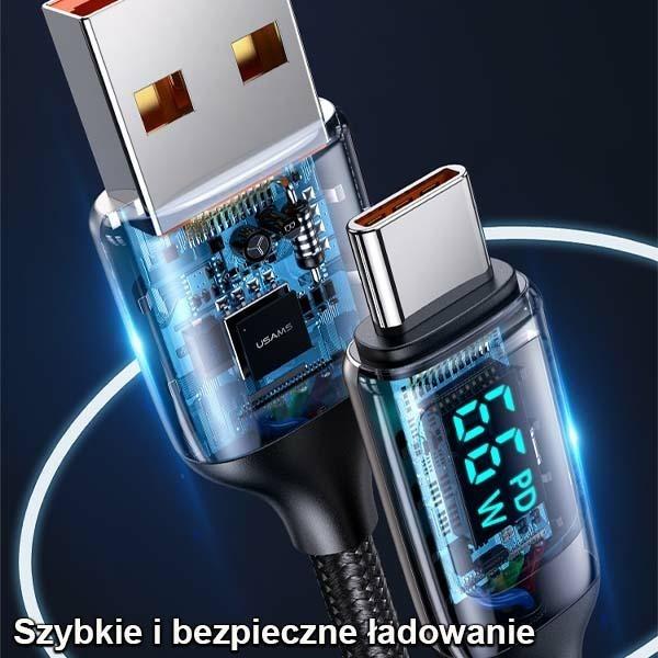 Image du produit Usams Câble pleciony U78 USB-C 1.2m LED 6A Fast Charging czarny/black SJ544USB01 (US-SJ544) (1.20 m, USB 3.2 Gen 1)