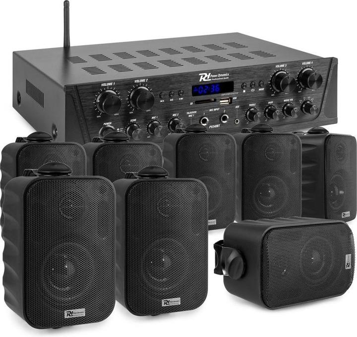 Power Dynamics met Bluetooth - PV240BT 4-zone amplifier audio + 8 BGO30 zwarte 3 speakers (Active)