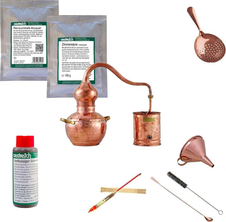 Produktbild Ich-zapfe Destille Komplettset - Destille Alembic premium 1 Liter Kupfer mit Zubehör und Gärhilfsmittel