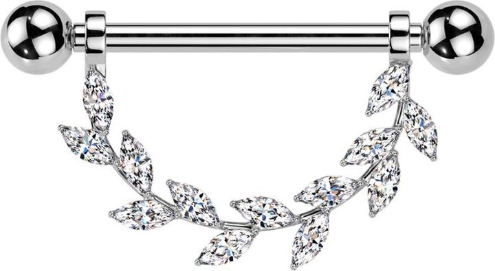 Star Piercing Barbell Innengewinde silber mit zwei Kugeln Anhänger Kristallblätter silber (Titan G23, ohne Messing)