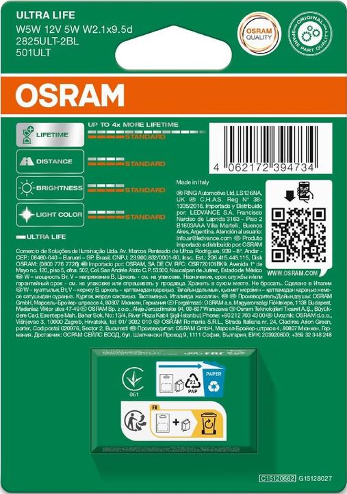Etichetta energetica Osram 4062172394734 Lampadina di segnalazione Ultra Life W5W 5 W 12 V (W5W)