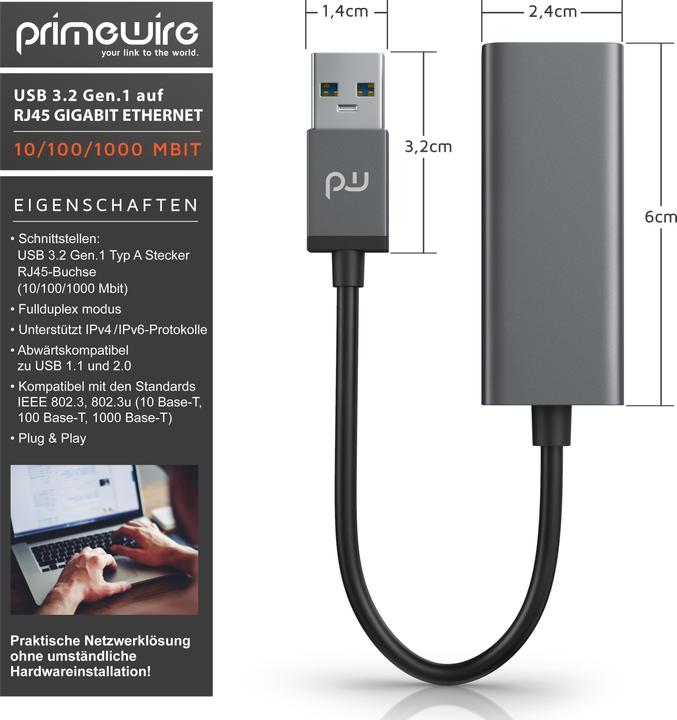 Actual product image Primewire Network adapter USB type A to RJ-45 Ethernet, USB 3.2 network adapter external with Gigabit RJ45 (USB-C 3.2 Gen 1, RJ45 (1x))