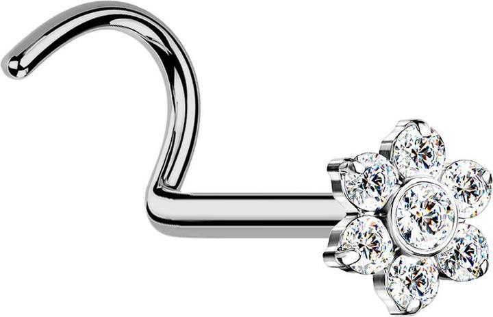 Actual product image Hollywood Body Jewelry Threadless Nasenstecker gebogen silber Blume Kristalle silber (without brass, Titanium G23)