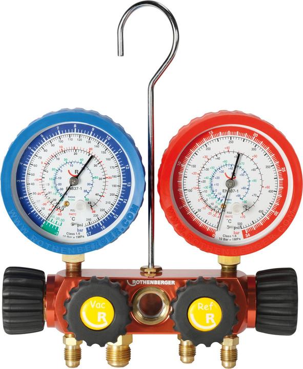 Actual product image Rothenberger Analogue 4-way pressure gauge set, incl. hoses with ball valve for R410A and R32.