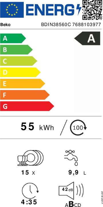Energie-Label Beko VAATWASSER INBOUW BDIN38560C