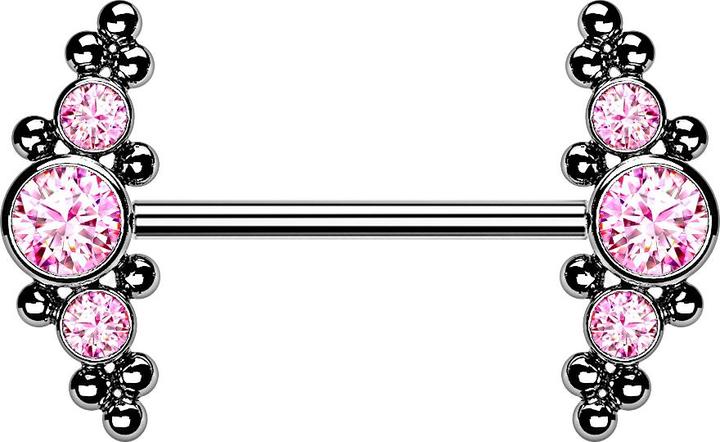 Produktbild Star Piercing Threadless Barbell silber front mittig mit Kugeln und drei Kristalle pink (ohne Messing, Titan G23)