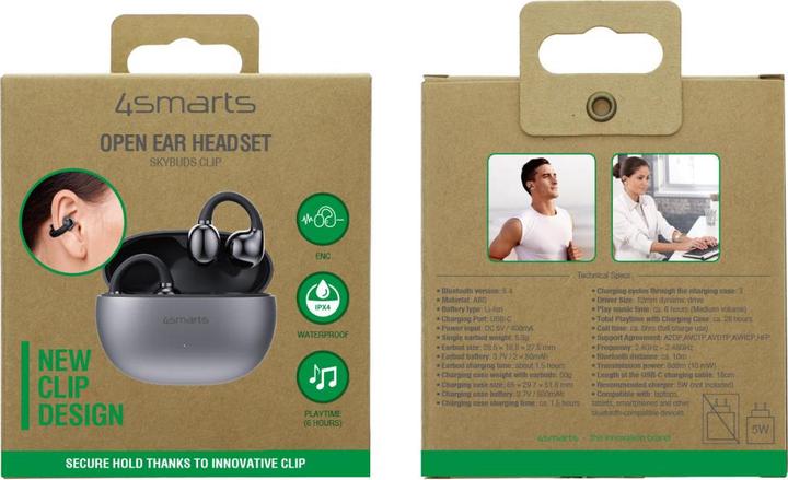 Produktbild 4smarts Open-Ear-Kopfhörer SkyBuds Clip Grau, Detailfarbe: Grau (ANC, 28 h, Kabellos)