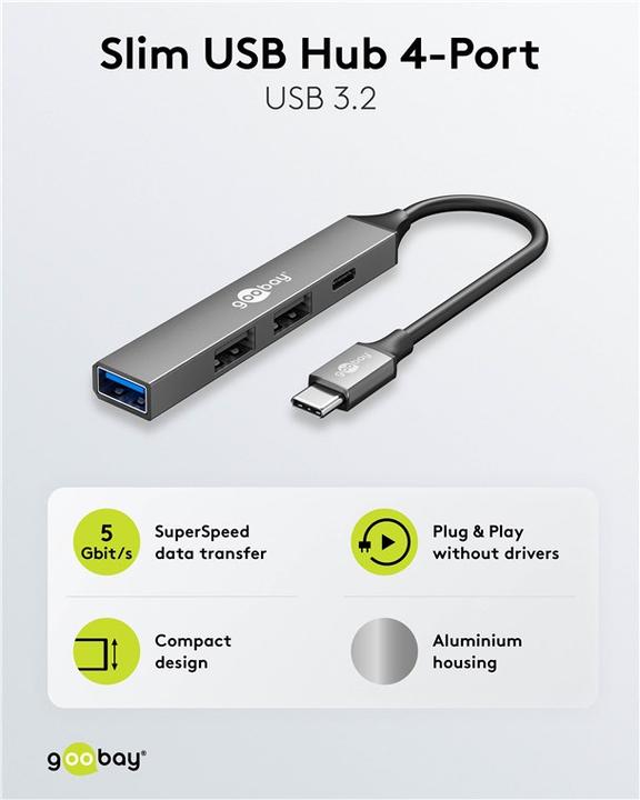 Produktbild Goobay Slim 4-Port USB-Hub, USB-C auf USB-C/USB-A, USB 3.2 (USB-C, 4 Ports)