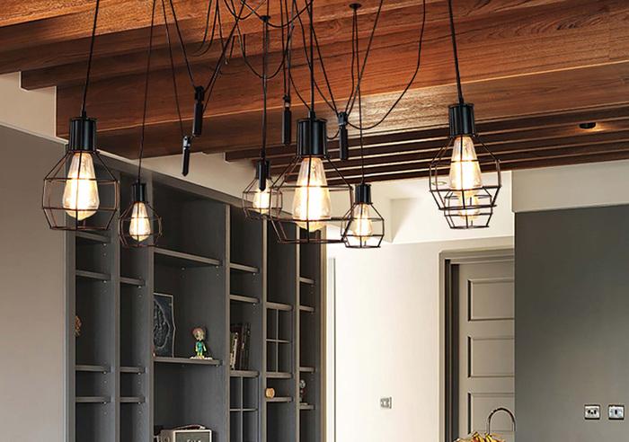 Immagine prodotto Swisshandel24 Lampada a sospensione, metallo industriale regolabile in altezza, nero - 7x Lampade a reticolo (E27)