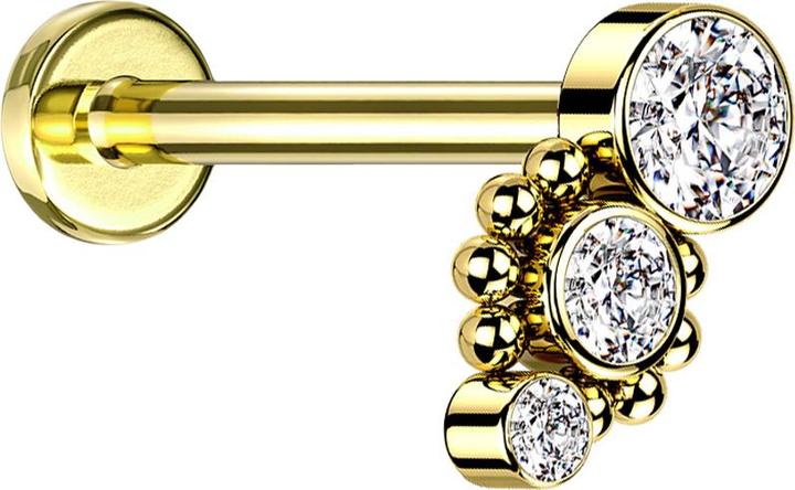 Produktbild Star Piercing Micro Labret Innengewinde vergoldet acht Kugeln drei Kristalle silber (ohne Messing, Chirurgenstahl 316L)