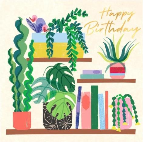 Actual product image Laura Darrington Birthday card plants and books - Happy Birthday