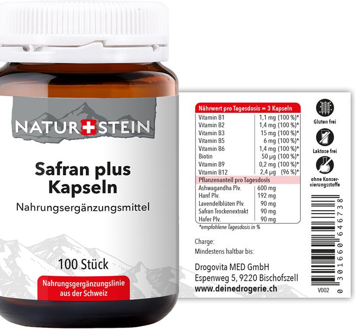 Nährwerte und Zutaten Naturstein Safran plus (100 Stück, Kapseln, 147 g)