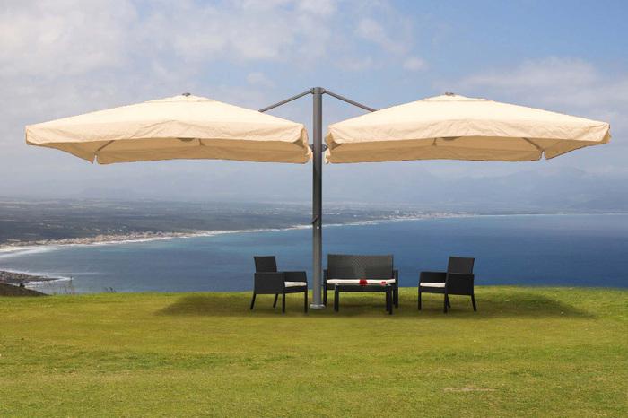 Produktbild Swisshandel24 Gastronomie-Alu-Luxus-Doppel-Ampelschirm, Pergola-Markise-Effekt, 6,2x3m Polyester 50kg - creme-beig (6.20 m)