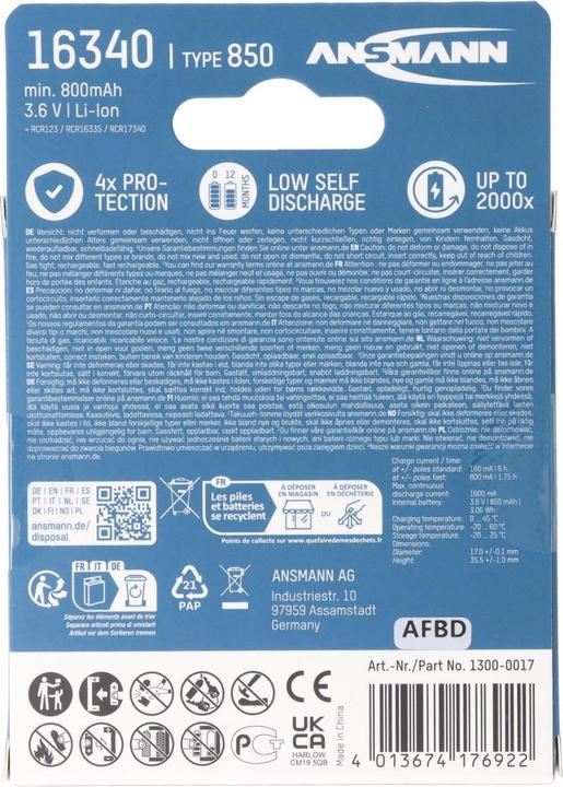 Image du produit Ansmann Batterie 16340 850mAh 1 pc. (1 pcs, C, 850 mAh)