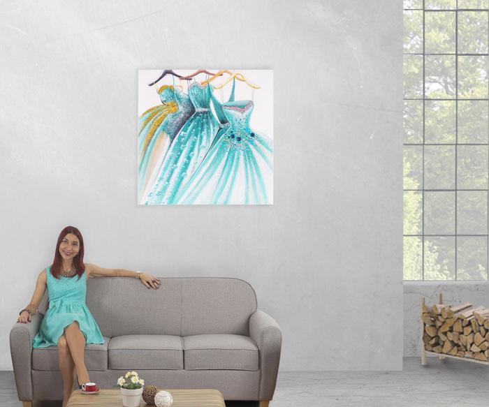 Image du produit Swisshandel24 Peinture à l'huile Robes vertes, peinture murale 100% peinte à la main Peinture 3D XL, 90x90cm (90 x 90 cm)