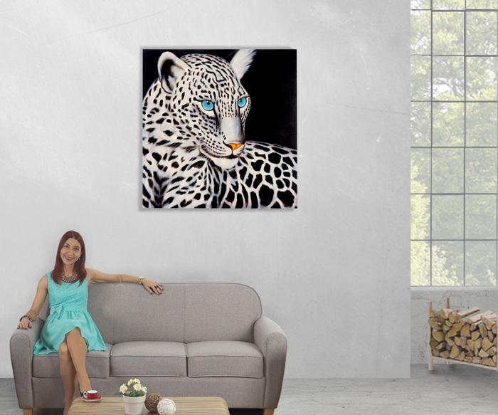 Immagine prodotto Swisshandel24 Pittura a olio Leopardo bianco, 100% pittura murale dipinta a mano XL, 100x100cm (100 x 100 cm)