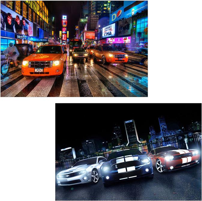 Produktbild Swisshandel24 2x LED-Bild Leinwandbild Leuchtbild Wandbild 60x40cm, Timer - Cars (60 x 40 cm)