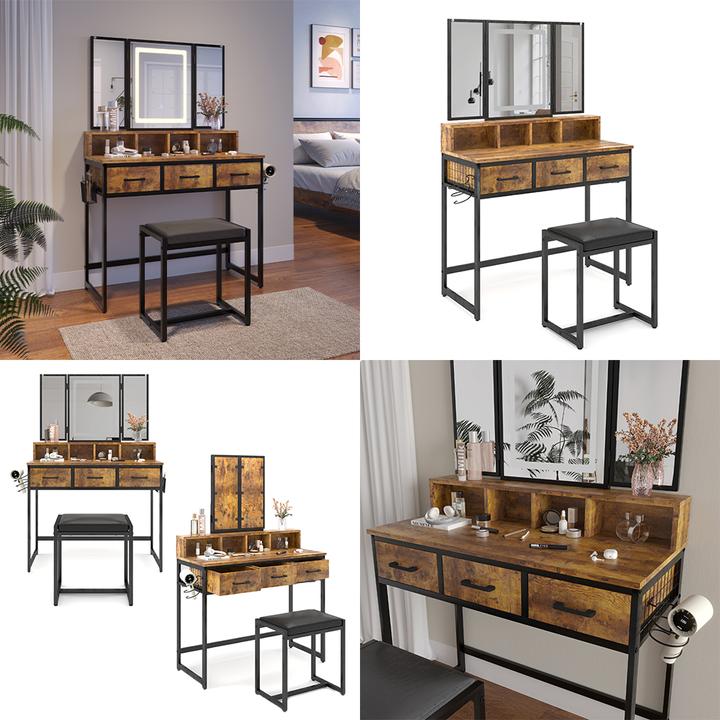 Actual product image Vichy Dressing table Fyrk, Rustic oak, 90 cm with stool and LED mirror