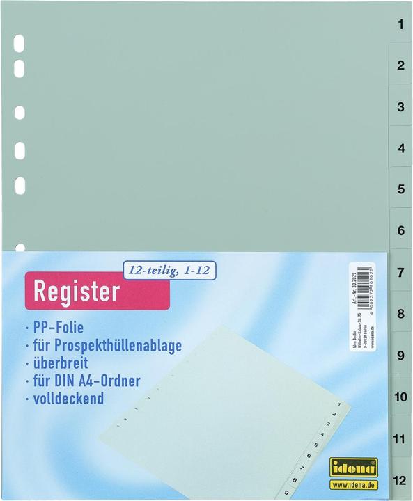 Image du produit Idena Répertoire en plastique A4 1 à 12 gris PP