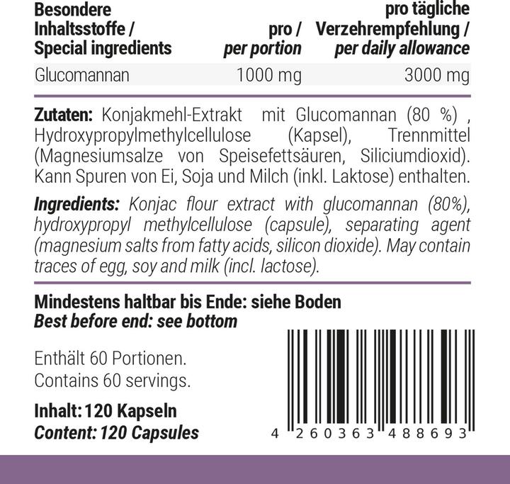 Nährwerte und Zutaten Foodspring Glucomannan Kapseln (120 Stück, Kapseln, 83 g)