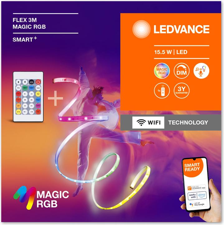 Image du produit Ledvance Bande LED intelligente WiFi "MAGIC FLEX", 3m + télécommande, RGB (Multicolore, 300 cm, Intérieur)