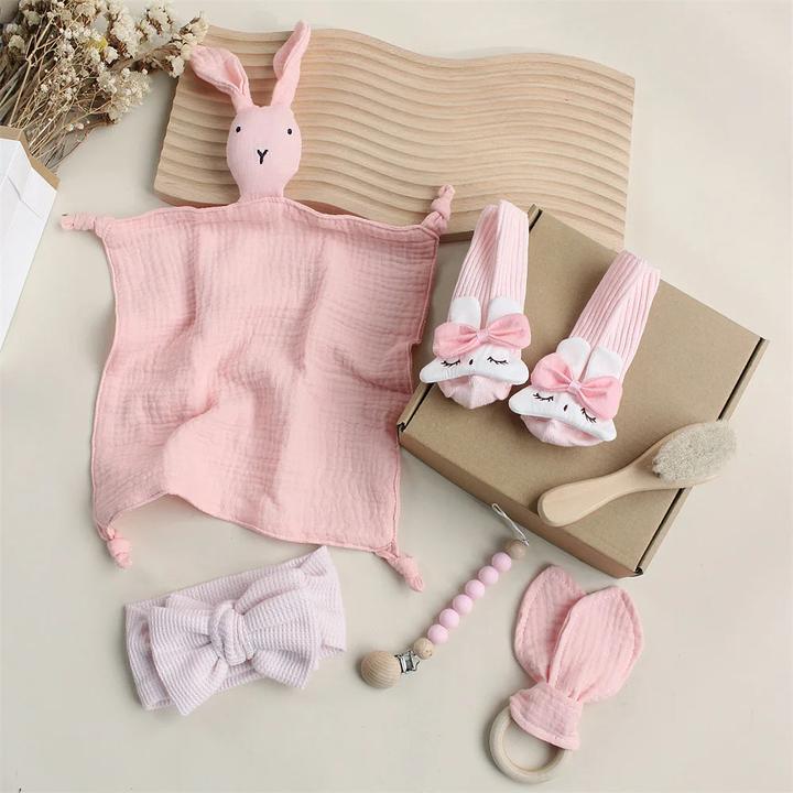 Actual product image Activity Board Baby Cotton Comforter Blanket Bib Socks Headband 6Pcs Set Gifts Box Wooden Rattle