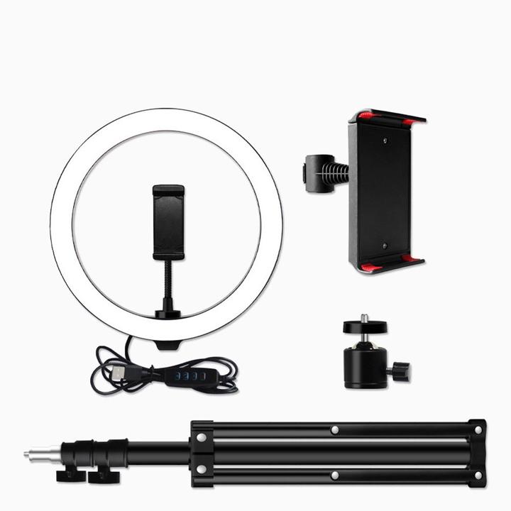 Actual product image Apfelkiste XXL Dual Tripod Dreibein Stativ Halterung mit 10" LED Ringleuchte + Fernbedienung (Ring light)