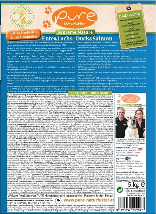 Nutritional values and ingredients Pure Naturfutter Dry food Supreme duck & salmon extra small croquettes (Adult, Senior, Junior, 1 pcs., 5000 g)