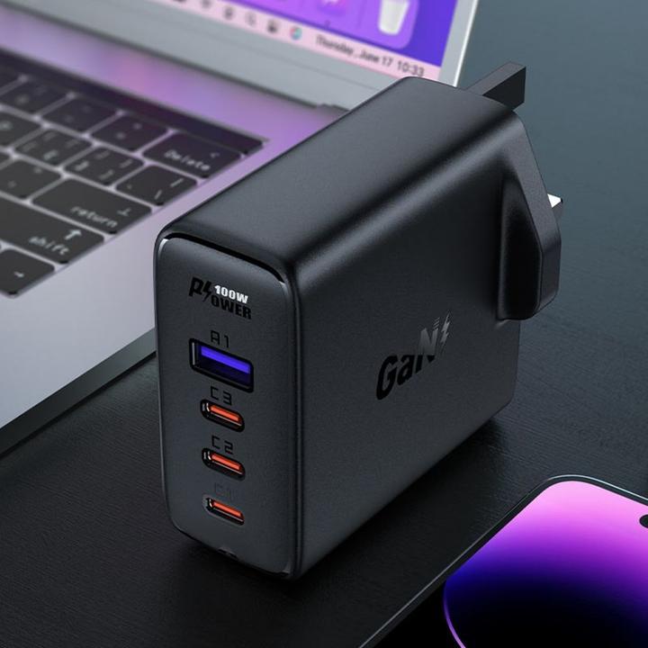 Produktbild Acefast Set of 2x fast charger GaN UK 100W Power Delivery 3x USB C 1x USB - white / black (100 W)