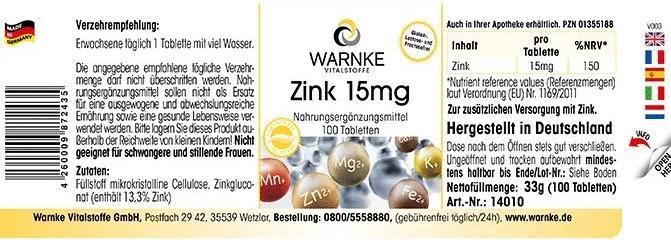 Nährwerte und Zutaten Warnke Zink 15 mg Tabletten, 250 St. Tabletten (250 Stück, Tabletten)