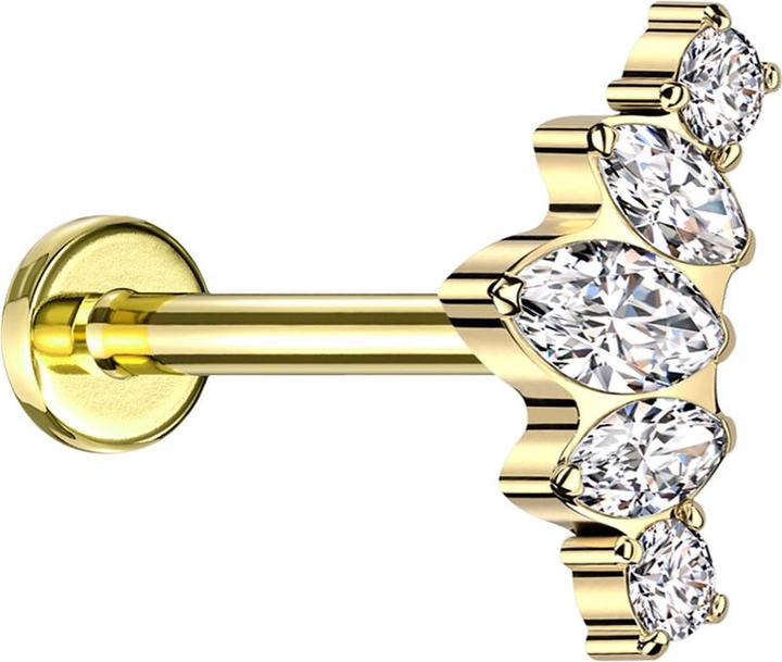 Image du produit Star Piercing Micro Labret femelle doré trois ovales et deux cristaux ronds argentés (Titane G23, sans laiton)