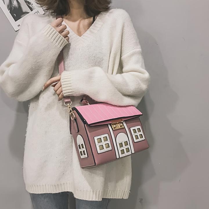 Actual product image Only-Bags.Store Charming messenger bag in the shape of a house - faux leather crossbody purse with geometric pattern
