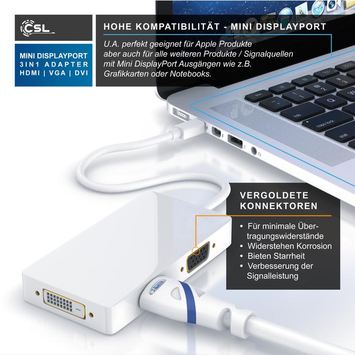 Image du produit CSL Câble adaptateur mini DisplayPort vers HDMI + DVI + VGA (HDMI, DVI, VGA, 8.50 cm)