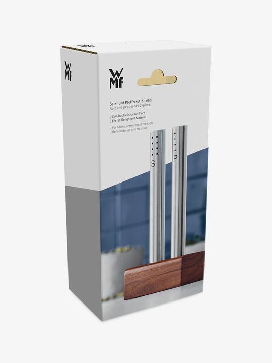 Immagine prodotto WMF Set saliera e pepiera 3 pezzi Cromargan in acciaio inox finitura opaca con supporto in legno (Sale, Pepe)