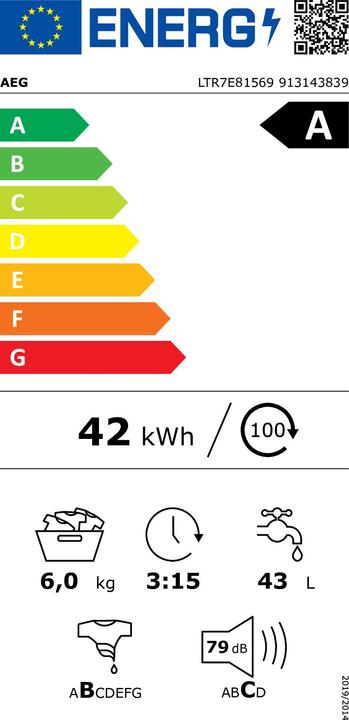 Etichetta energetica AEG LTR7E81569 Lavatrice a carica dall'alto / / ProSteam® - funzione refresh / 6,0 kg / Silenziosa / (6 kg, Posteriore)