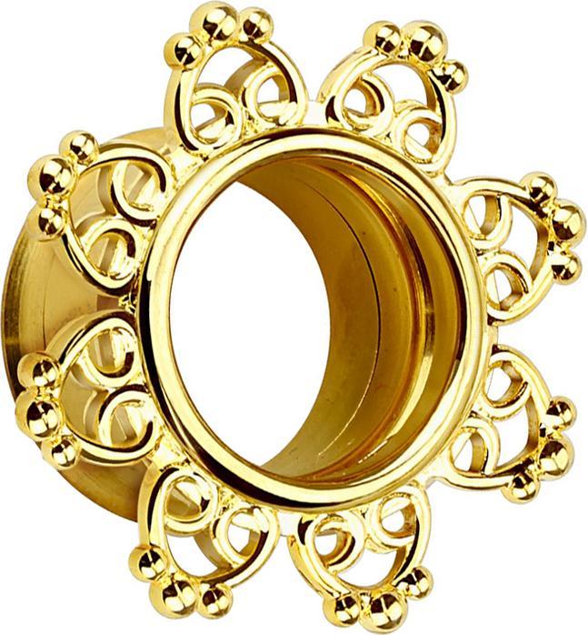 Actual product image Star Piercing Flared tunnel with filigree tribal hearts 14k gold plated (Brass, Surgical steel 316L)