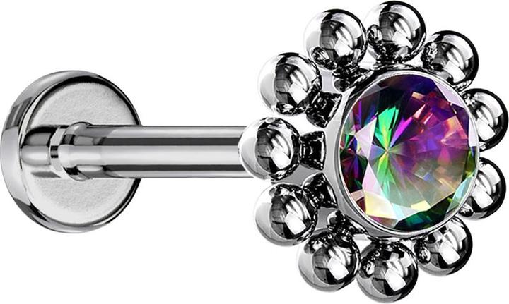 Image du produit Star Piercing Micro Labret femelle argenté fleur de boule cristal foncé multicolore (sans laiton, Titane G23)