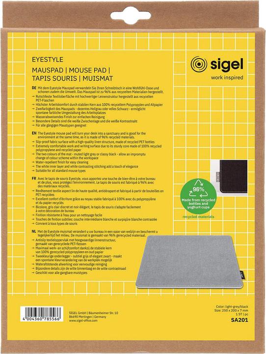 Immagine prodotto Sigel Tapis souris Eyestyle, gris clair-noir, couche intermédiaire e coutures blanches, PET recyclé, PP r