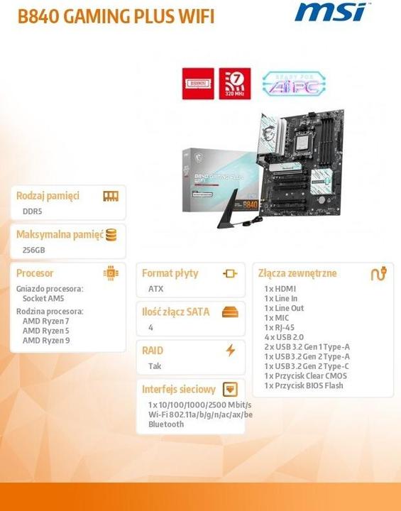 Produktbild MSI B840 GAMING PLUS WIFI (AM5, AMD B840, ATX)