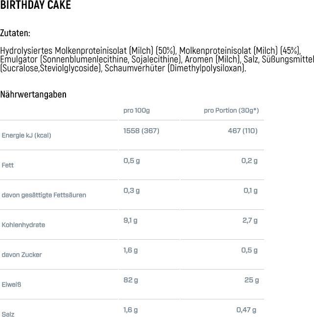 Nährwerte und Zutaten Dymatize ISO 100 Hydrolyzed (Birthday Cake, 1 Stk., 2264 g)