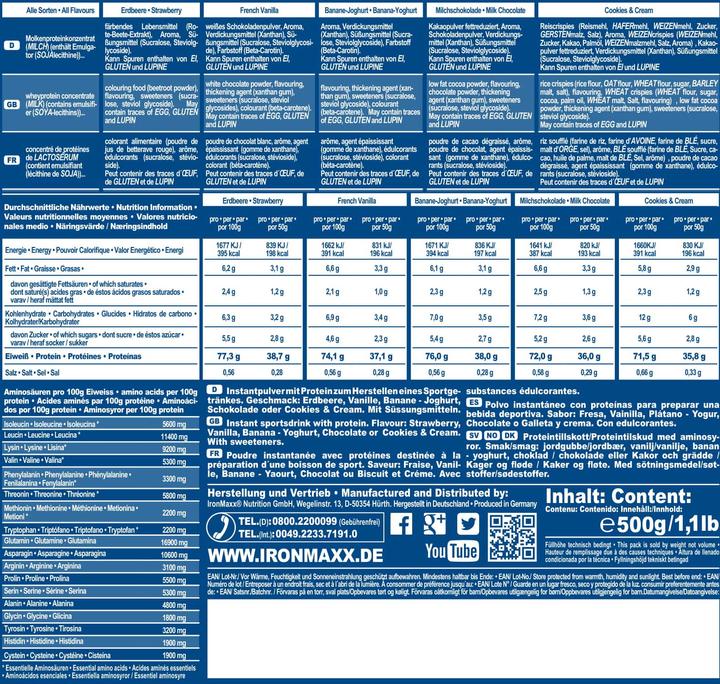 Nährwerte und Zutaten IronMaxx 100% Whey Protein (500g Beutel) (Erdbeer, 1 Stk., 500 g)