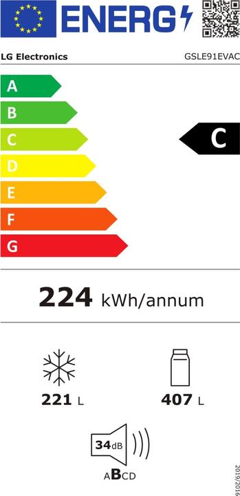 Energie-Label LG GSLE91EVAC Side by Side Total NoFrost (628 l)