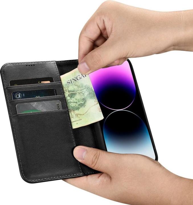 Produktbild iCarer Wallet Case 2 in1 Hülle iPhone 14 Pro Leder Flip Cover AntiRFID schwarz (WMI14220726-BK) (Apple iPhone 14 Pro)