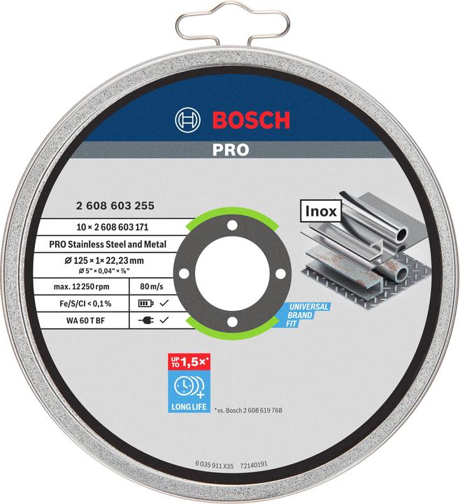 Immagine prodotto Bosch Professional Zubehör Disco da taglio PRO per acciaio inox e metallo, 125 x 1 x 22,23 mm